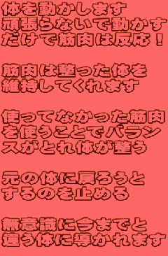 体を動かします 頑張らないで動かす だけで筋肉は反応! 筋肉は整った体を 維持してくれます 使ってなかった筋肉 を使うことでバラン スがとれ体が整う 元の体に戻ろうと するのを止める 無意識に今までと 違う体に導かれます